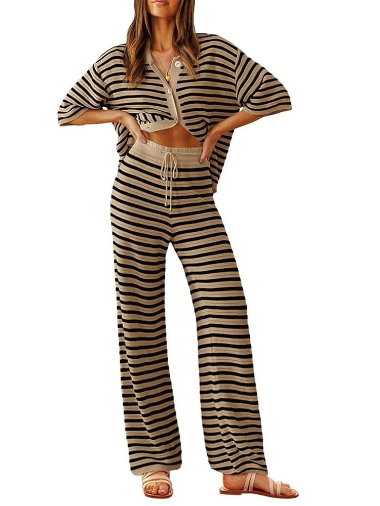 Tankaneo Womens Knit 2 Piece Lounge Sets Striped Short Sleeve Tops and Wide Leg Pants Travel Airp... | Amazon (US)