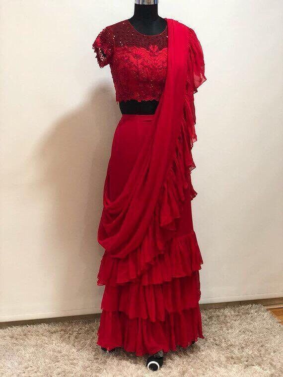Bollywood Style Indian Beautiful Georgette Ruffle Saree Designer Elegant Look Pure Net Blouse Emb... | Etsy (US)