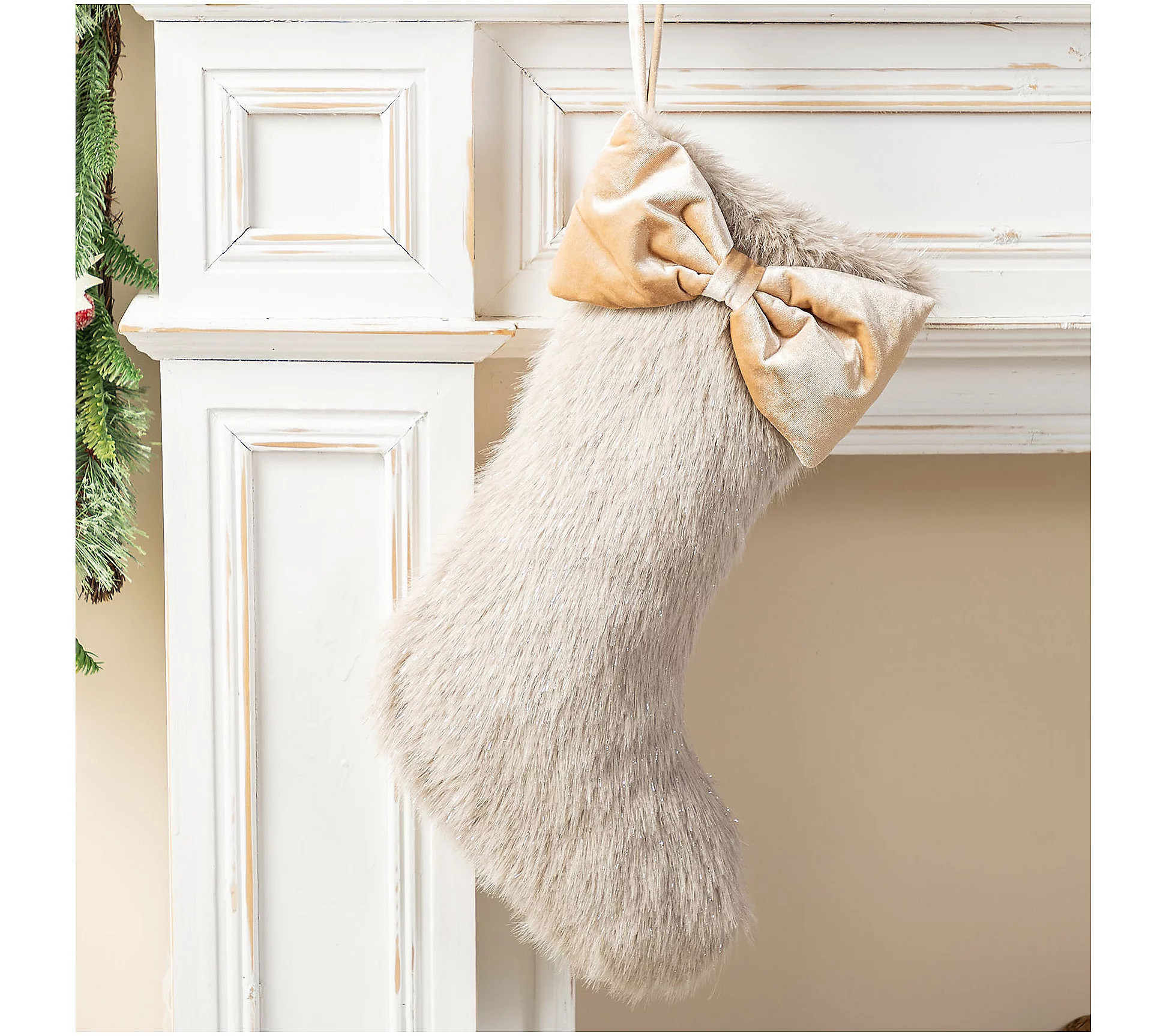 Glitzhome 21""L Faux Fox Fur Christmas Stocking ith Bow | QVC