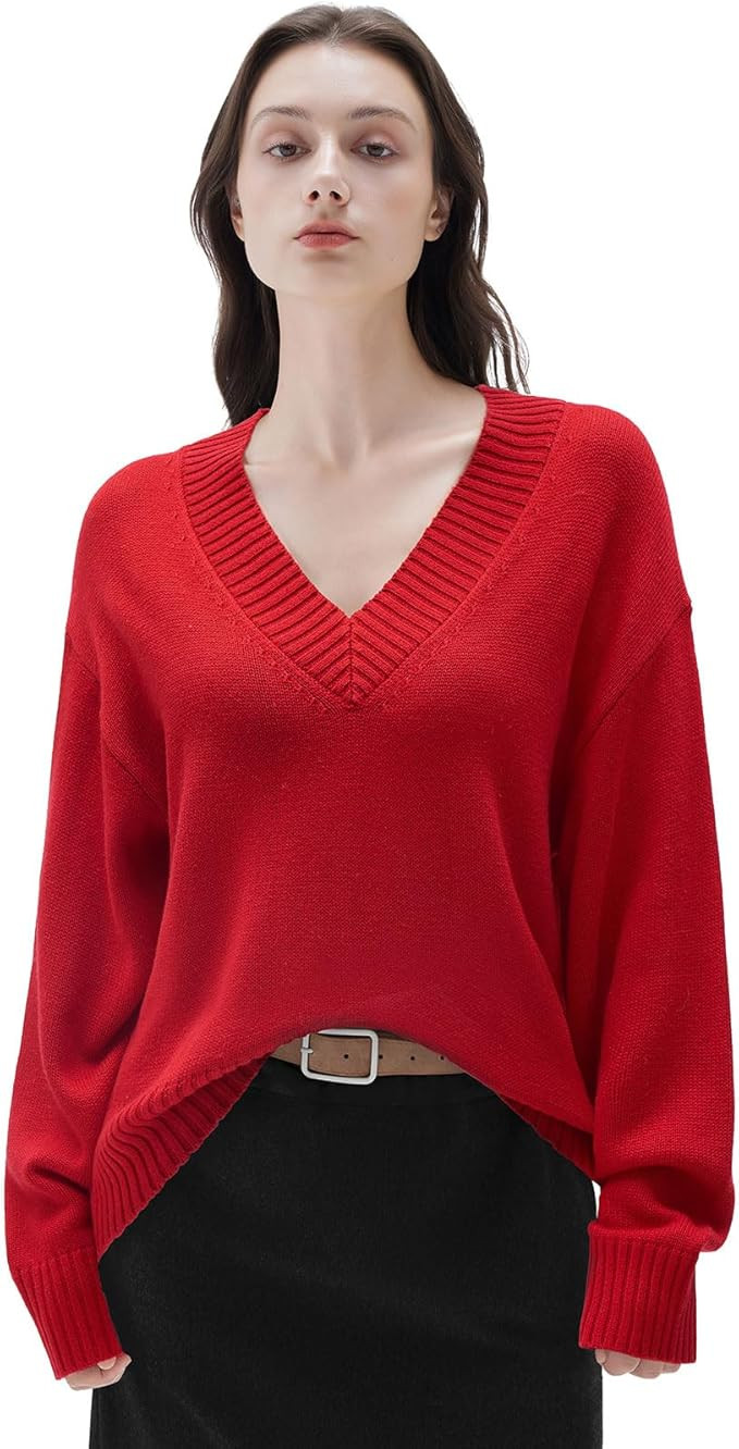 SUUKSESS Women Cashmere Oversized V Neck Pullover Sweaters Long Sleeve Jumpers | Amazon (US)