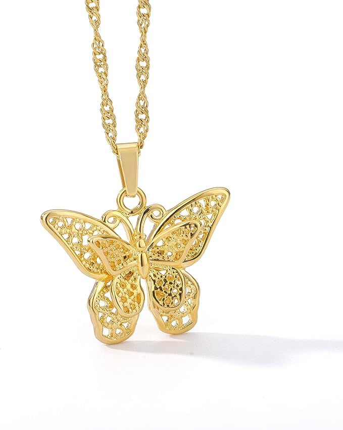 Butterfly Pendant Necklace Women Choker 18k Gold Plated Chain Jewelry 16 Inch | Amazon (US)