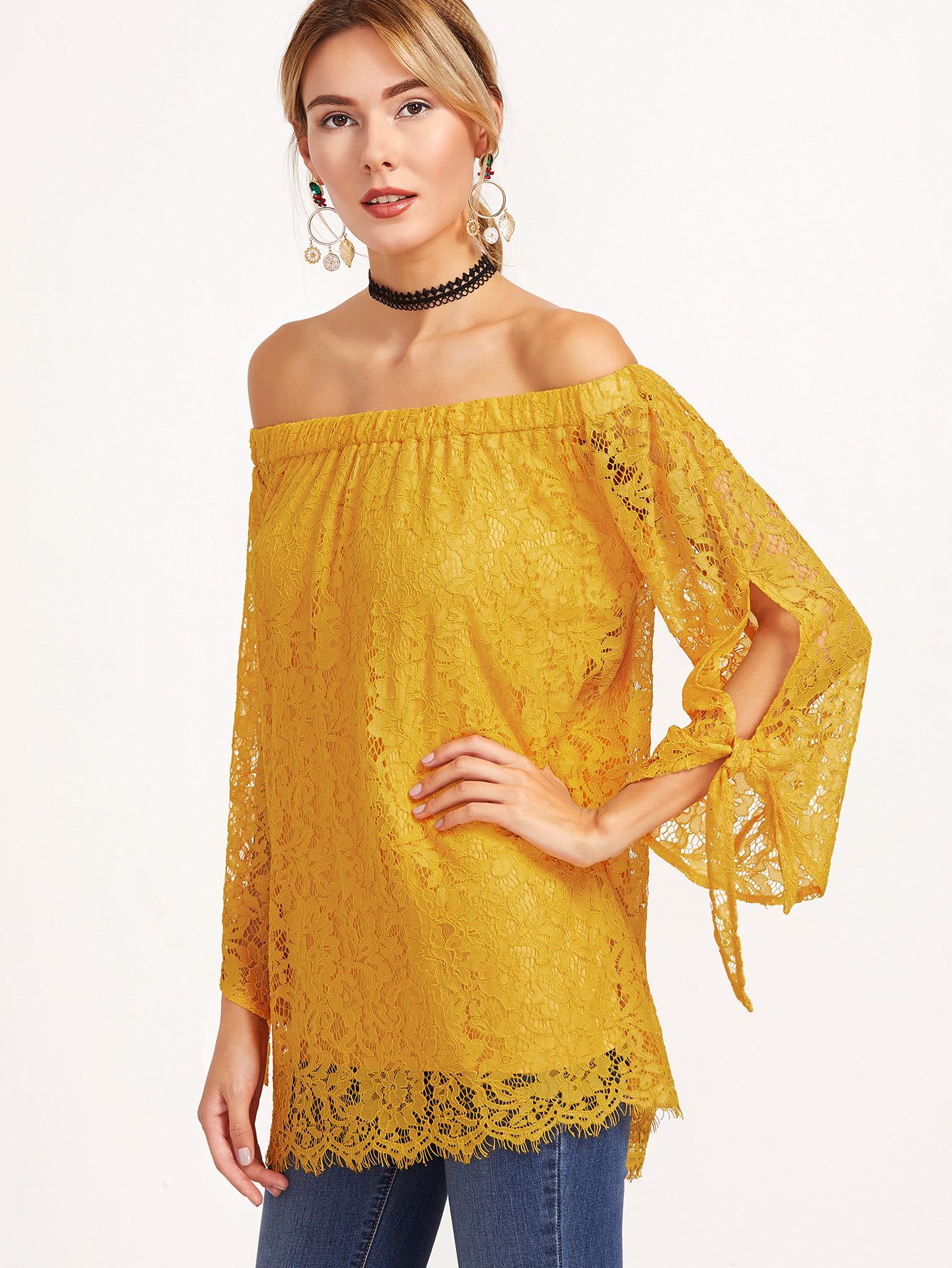 Yellow Off The Shoulder Tie Sleeve Floral Lace Top | SHEIN