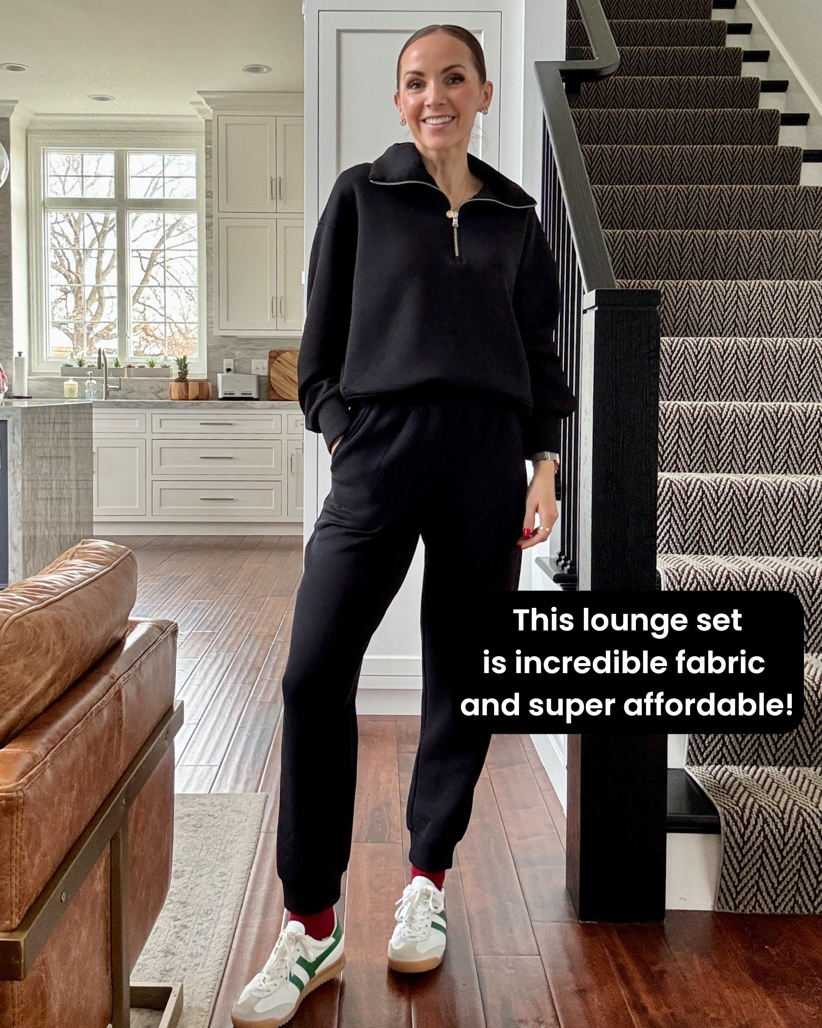 This bounce fleece fabric is so comfortable and sturdy, soft, and squishy. If you’re looking for an affordable lounge set, this one is fantastic. I’m wearing a size small and top and bottom. They’re on sale today!