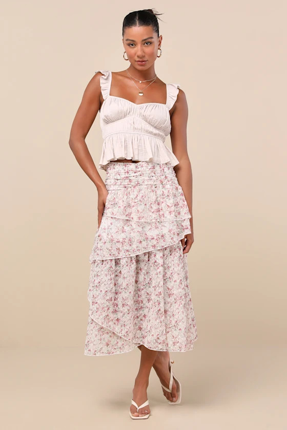 Rosen White Multi Floral Tiered Midi Skirt | Lulus