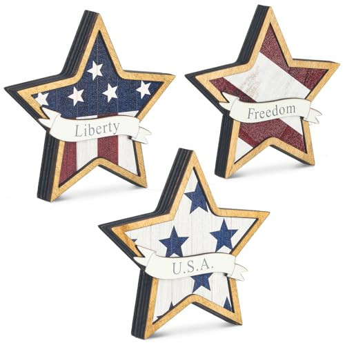 Hollowfly 3 Pcs 4th of July Decor Wooden Star White Blue Red Decor Patriotic Memorial Day Tiered Tray 250th Anniversary Independence Labor Day Table Wooden Decoration for Home Office Table(Stylish) | Amazon (US)