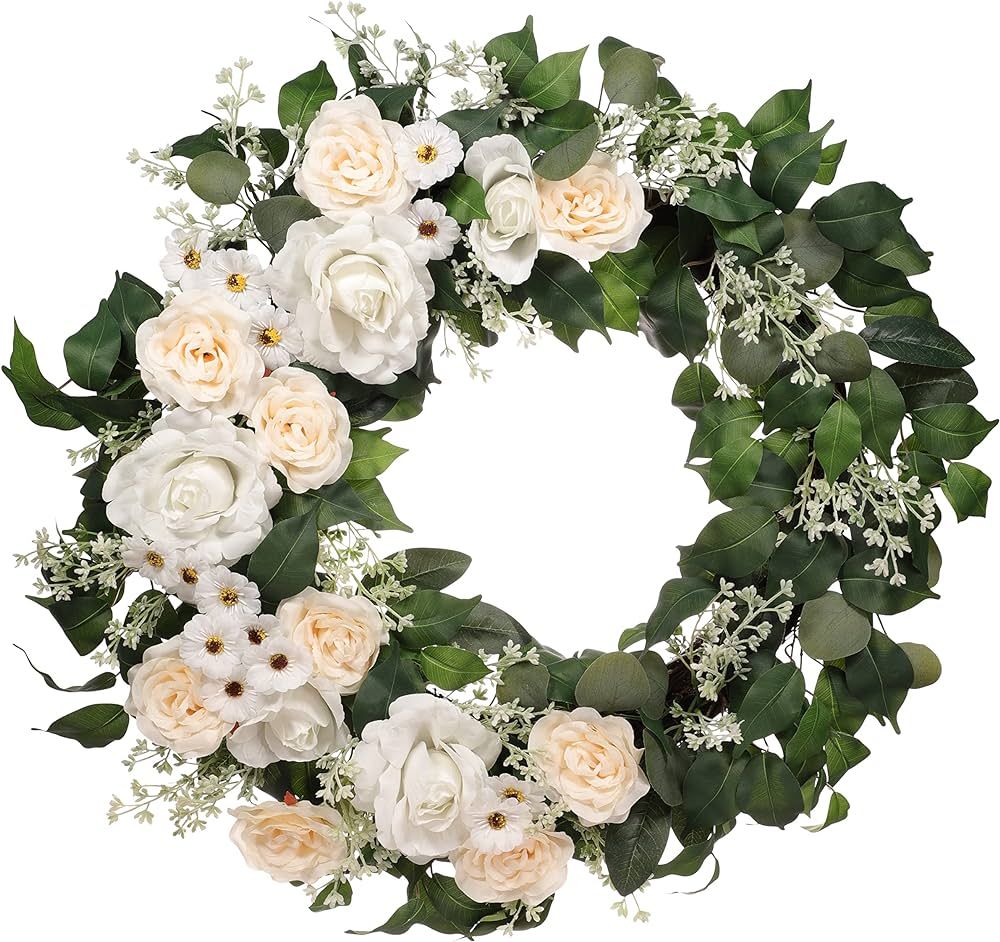 30" Artificial Rose,Camellia,babysbreath Floral Spring Wreath with Green Leaves | Amazon (US)