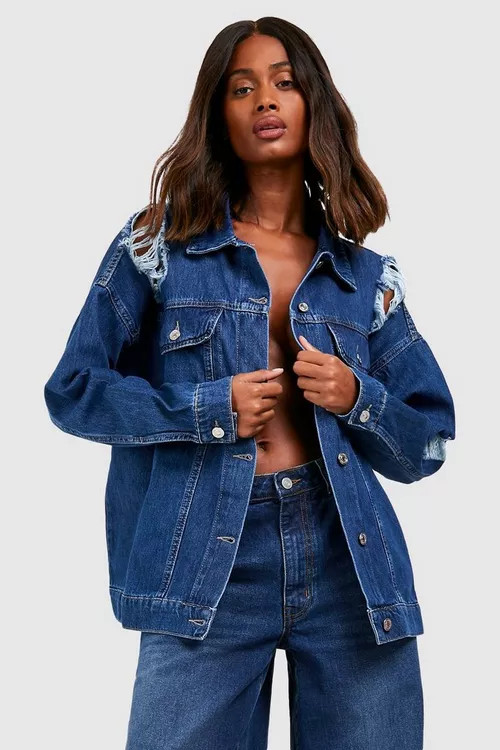 Oversized Busted Boyfriend Denim Jacket | Boohoo.com (US & CA)