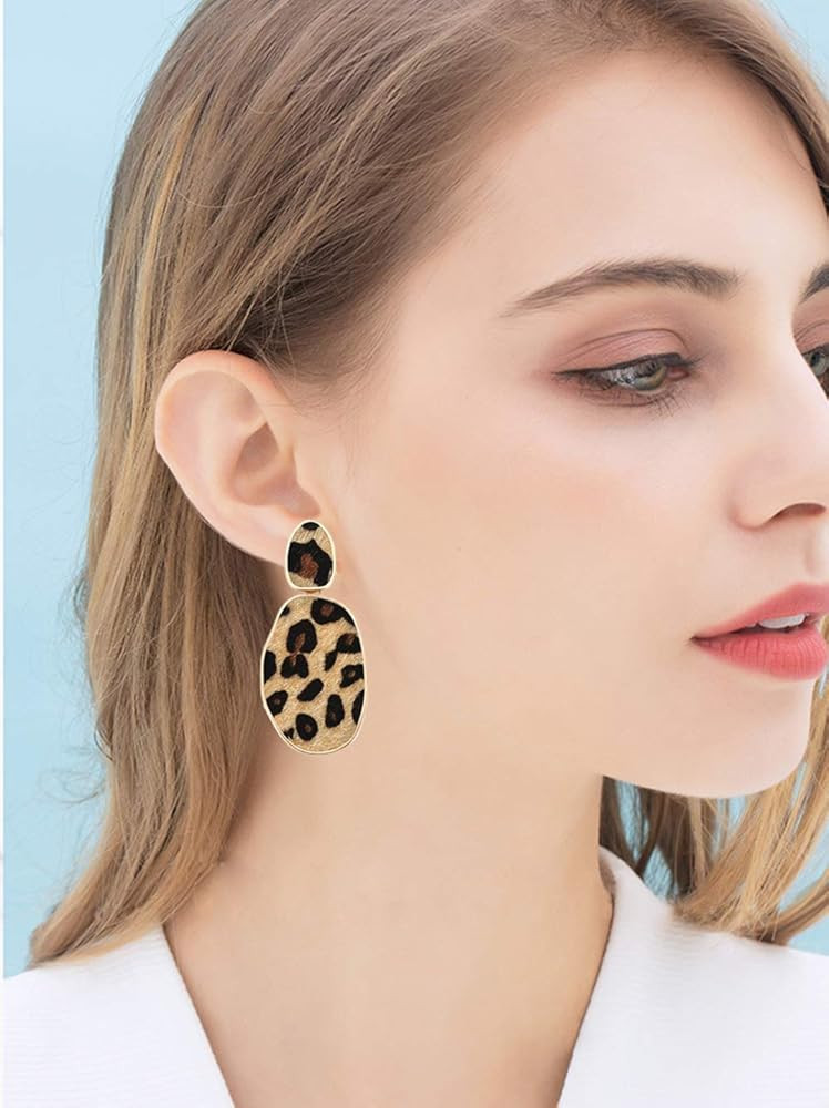HEIDKRUEGER Leopard Print Earrings Lightweight Geometric Faux Leather Drop Dangle Earring Stateme... | Amazon (US)
