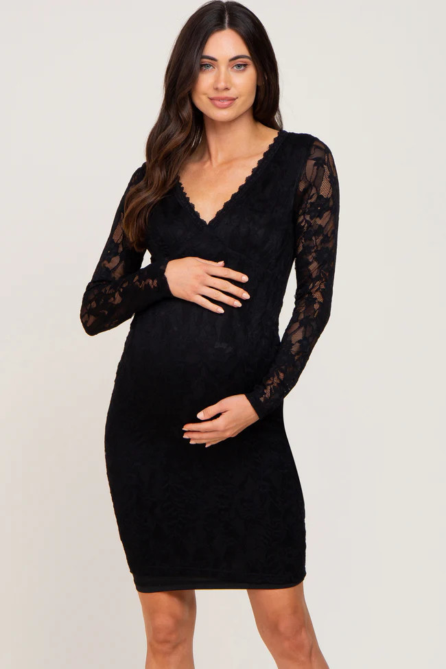 Black Lace V-Neck Maternity Fitted Dress | PinkBlush Maternity