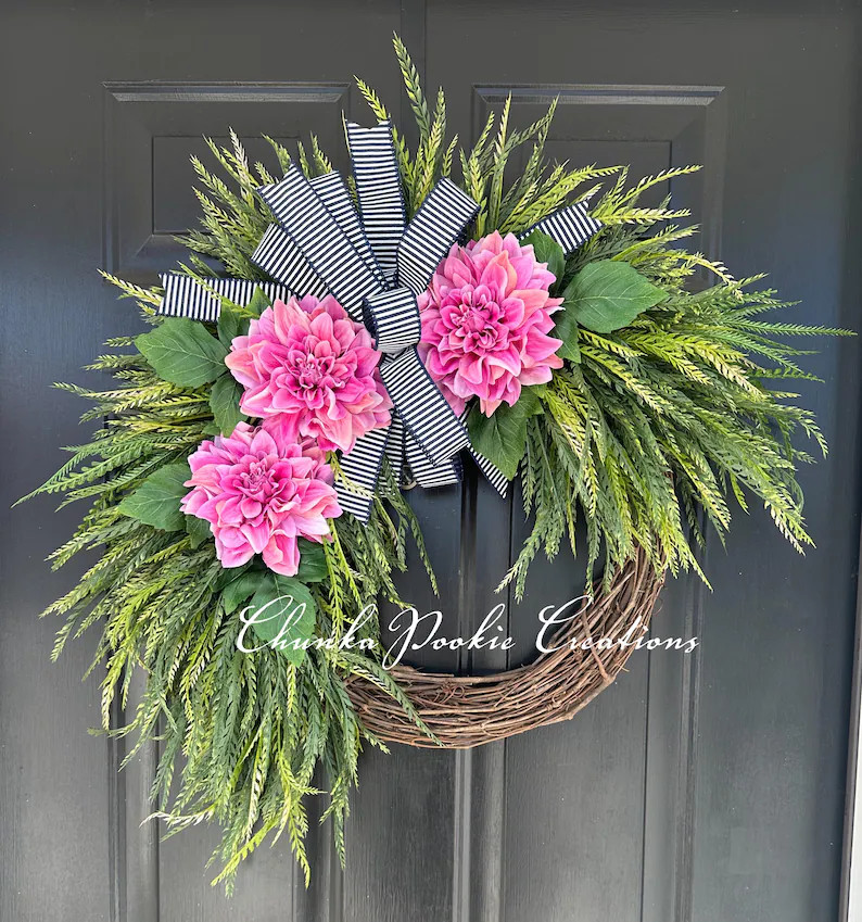 Coastal Dahlia Wreath, Year Round Every Day Front Door Decor, Farmhouse Saw Grass - Etsy | Etsy (US)