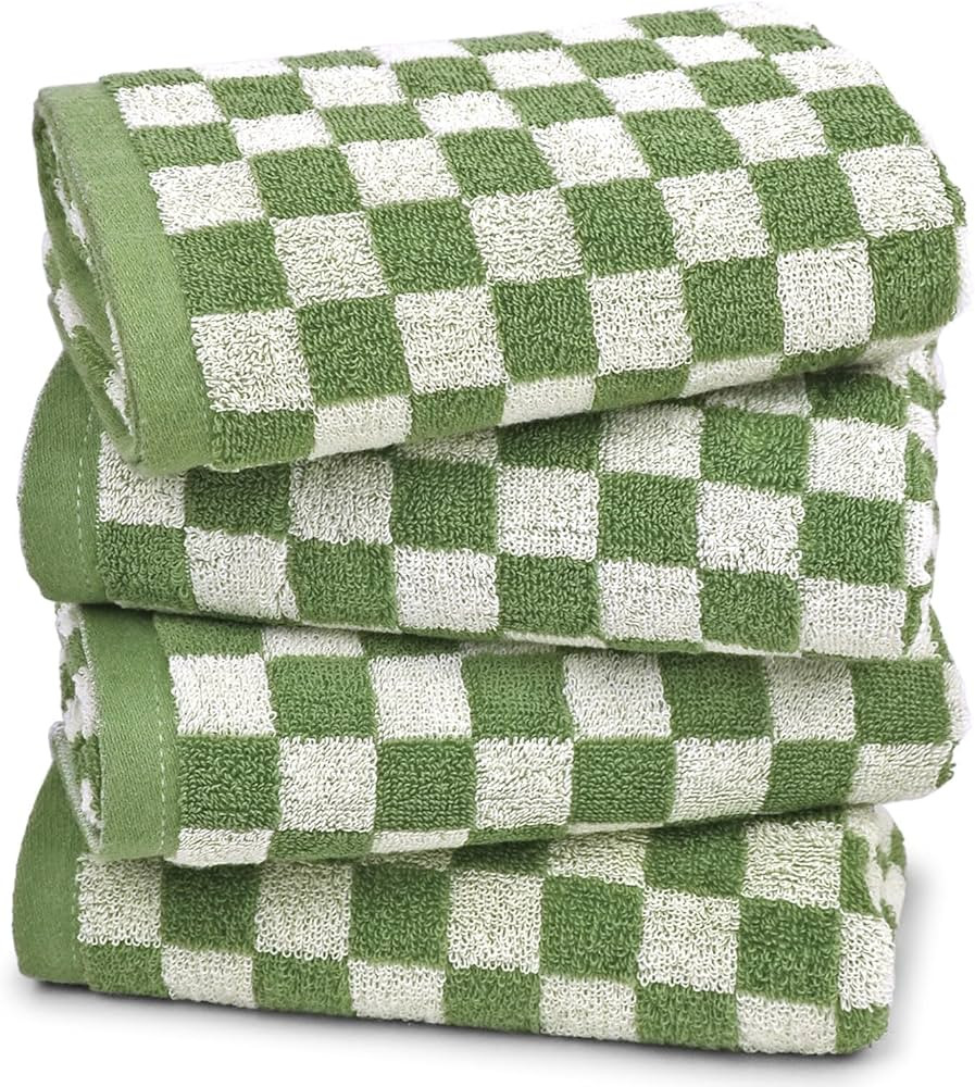 Green Hand Towels for Bathroom Set of 4 - Cute Checkered Bathroom Towels for Kitchen Decor, Light... | Amazon (US)