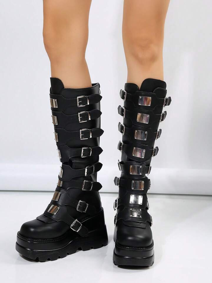ROMWE Avant Women Buckle Decor Boots, Punk Black Outdoor Wedge Boots | SHEIN USA | SHEIN