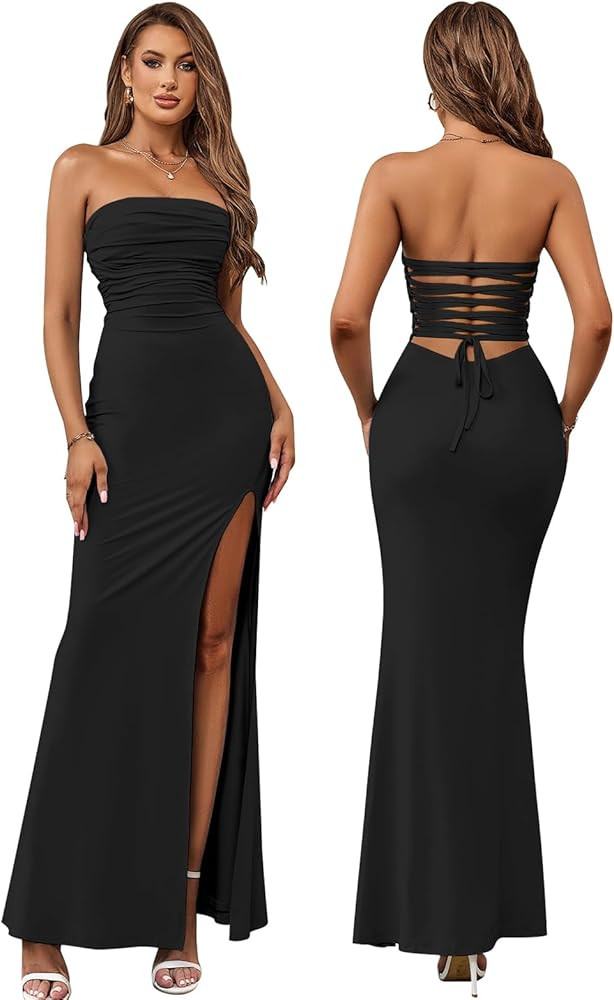 HTZMO Womens Tube Top Strapless Slit Bodycon Maxi Dress Sexy Tie Back Wedding Guest Party Long Dr... | Amazon (US)