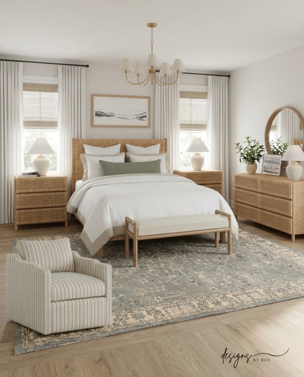 primary bedroom with mix of cool and wood tones. 

neutral bedroom, organic modern bedroom, blue bedroom, cane furniture, woven bench, rattan nightstand, light wood dresser, upholstered bed, vintage inspired rug, layered bedding, textured pillows, coastal bedroom, Serena and Lily style, Studio McGee inspired, Wayfair home, bedroom refresh, calming bedroom, cozy home decor, spring home update, designer look for less #LTKdayinmylife 

 #LTKHome