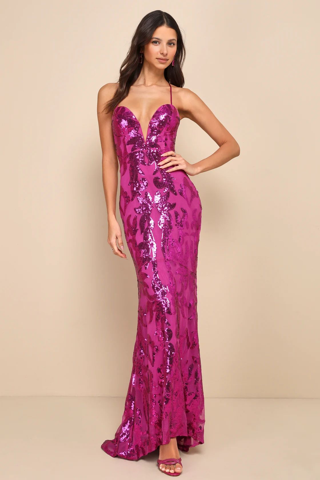 Glittering Sensation Magenta Sequin Lace-Up Maxi Dress | Lulus