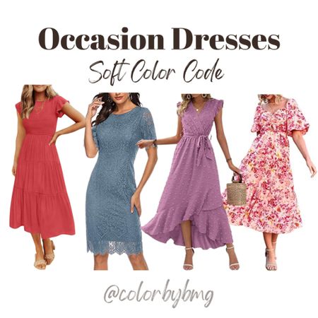 Soft Color Code Occasion Dresses

Soft Autumn or Soft Summer

Dress colors from left to right:

1. Watermelon Red
2. Gray Blue
3. Swiss Dot Purple
4. Floral Pink Red

#LTKstyletip #LTKfindsunder50
