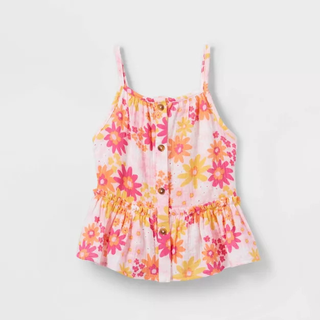 Toddler Girls' Floral Button-Front Peplum Tank Top - Cat & Jack™ Pink 4T | Target