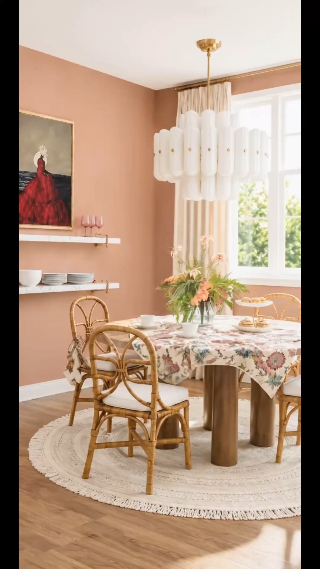 Breakfast nook — time to refresh for the transition into fall and winter entertaining season. ✨

I love how this space mixes relaxed texture with more sculptural, modern details. The Rejuvenation chandelier is such a unique statement piece and almost feels like artwork in the room. I paired it with a modern-inspired dining table, then added rattan dining chairs—the shape feels relaxed, while the woven pattern gives them a more sophisticated look.

The floral table throw adds color and pattern without covering the entire wood tabletop, and the round woven rug keeps the space feeling soft and inviting. Finished with artwork, drapes, floating shelves, flowers, and a few tabletop pieces, it feels ready for morning coffee and the entertaining season ahead.

A great time to refresh the dining space during the Labor Day Sale. 🤎

#LaborDaySale #BreakfastNook #KitchenNook #DiningRoom #DiningTable #DiningChair #RattanChair #Rug #Chandelier #StatementLighting #SculpturalLighting #Rejuvenation #Art #WallArt #Drapes #Curtains #TableThrow #TableSkirt #TableLinen #Tablecloth #Tabletop #TabletopDecor #FlowerArrangement #DessertPlate #CakePlate #CakeStand #FloatingShelves #EntertainingSeason #FallEntertaining #WinterEntertaining #ModernClassic #RelaxedElegance #HomeDecor #InteriorStyling #LTKHome #LTKSaleAlert #LTKdayinmylife

#LTKdayinmylife #LTKHome #LTKSaleAlert