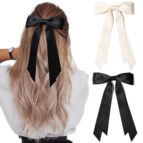 2PCS Hair Bows Hair Clip Beige Black Hair Ribbon Ponytail Holder Accessories Slides Metal Clips Hair Bow for Women Girls Toddlers Teens Kids | Amazon (US)