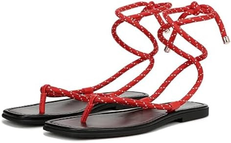 Rope Flat Sandals for Women Strappy Lace Up Square Open Toe Thong Sandals Comfortable Summer Beac... | Amazon (US)