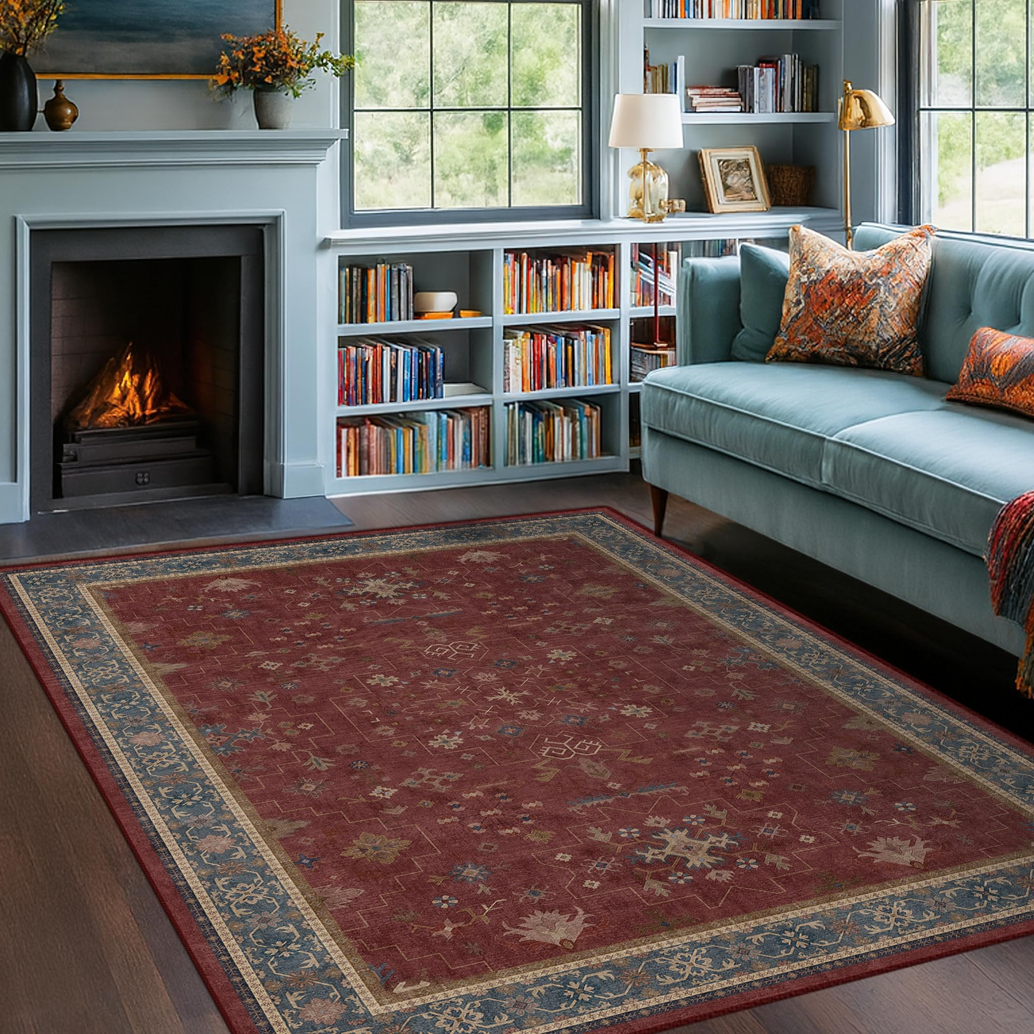 5x7 Boho Dark Red Rug for Living Room - Vintage Oriental Revival Low-Pile Carpet for Bedroom, Din... | Amazon (US)