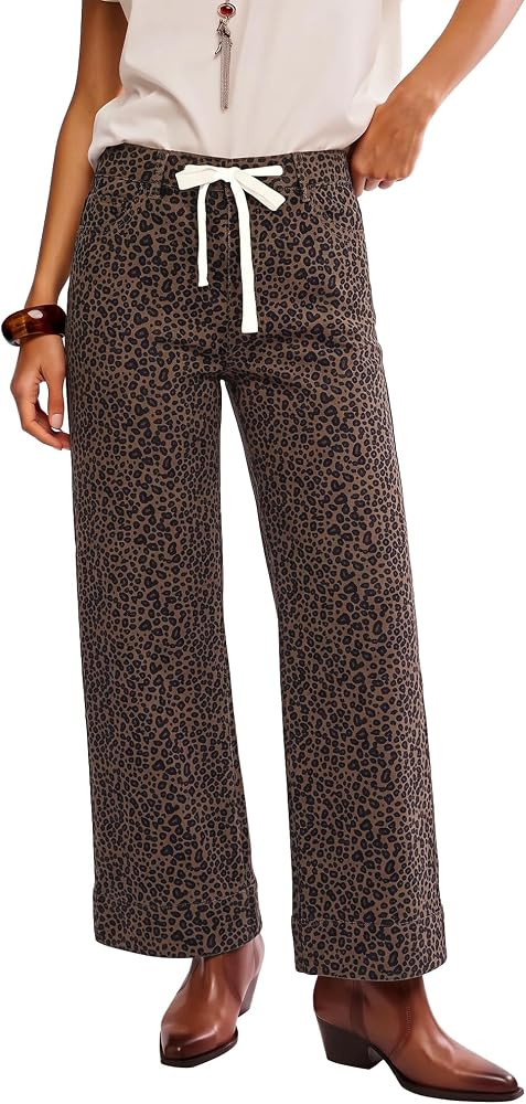 GRAPENT Leopard Jeans for Women Wide Leg High Waisted Cheetah Print Pants | Amazon (US)