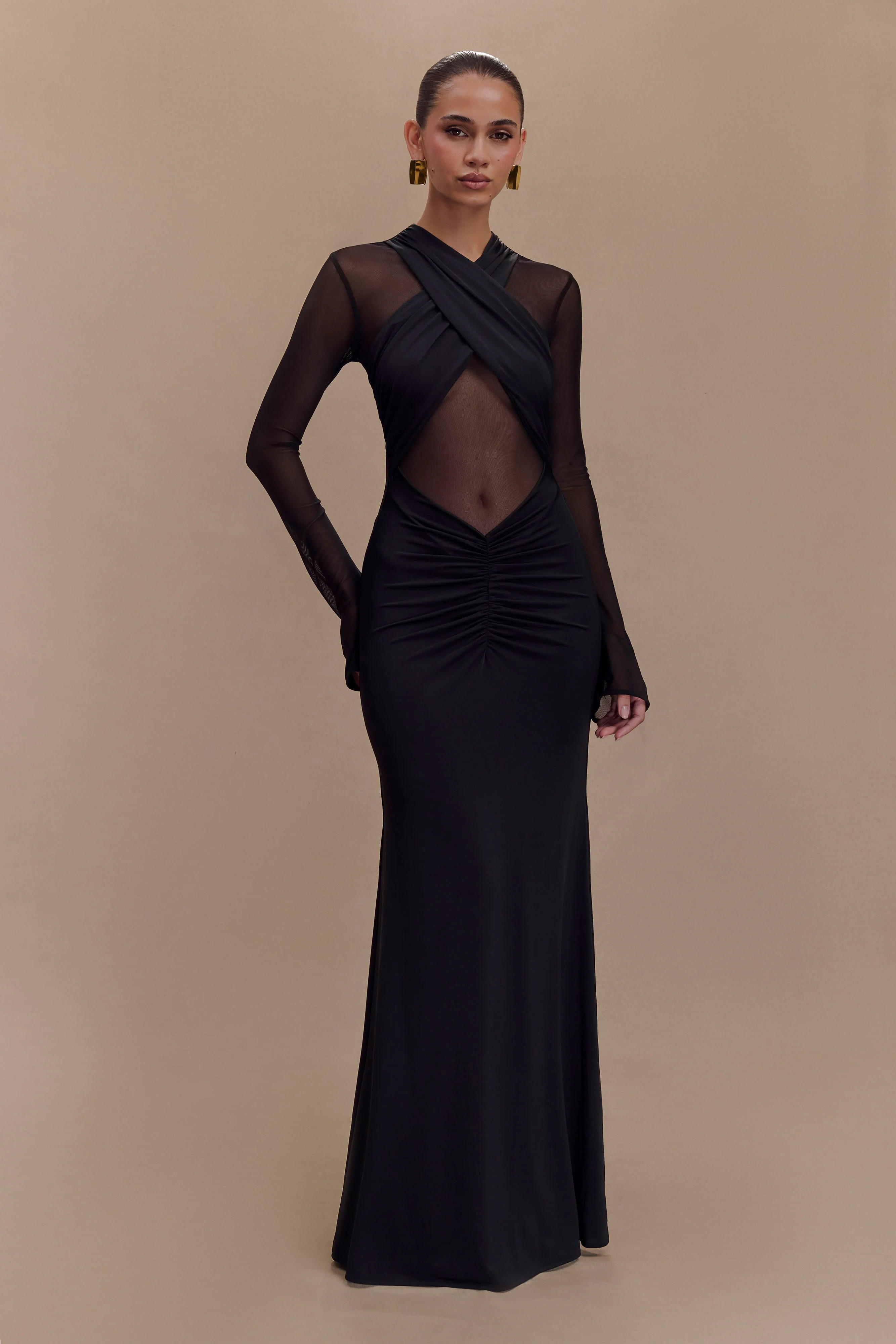 Tania Slinky And Mesh Long Sleeve Maxi Dress - Black | MESHKI US