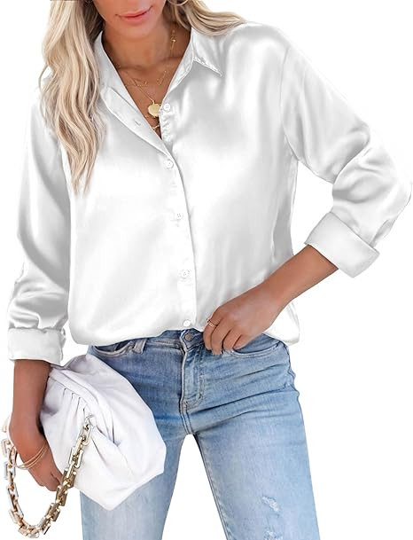 siliteelon Satin Blouses for Women Silk Button Down Shirts Casual Long Sleeve Shirt Business Offi... | Amazon (US)