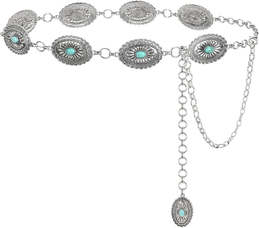 Women Turquoise Concho Chain Waist Belt Silver Western Body Jewelry Waist Belt for Dress Adjustab... | Amazon (US)