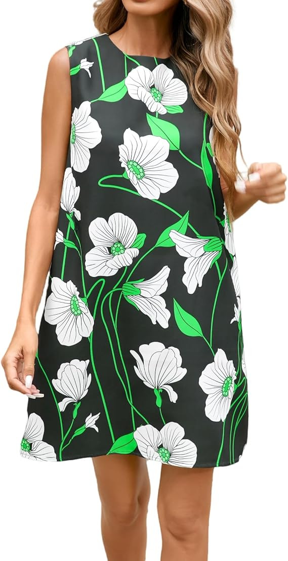 Women's 2025 Summer Sleeveless Tank Dress Crewneck Floral Print Pleated A Line Casual Short Mini ... | Amazon (US)