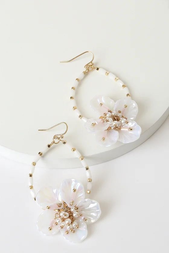 Dewy Garden White and Gold Beaded Flower Teardrop Hoops | Lulus (US)