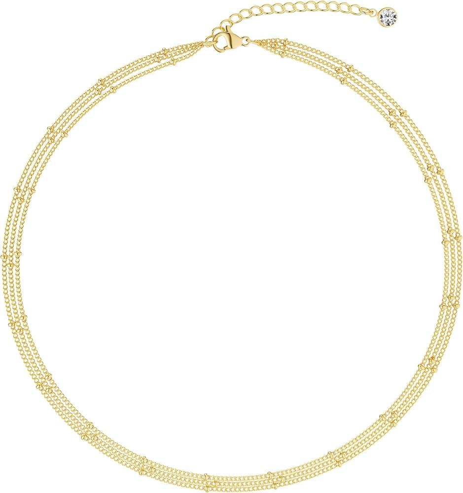 CHESKY Gold Dainty Choker Necklace for Women, 14k Gold/Silver Plated Layered Satellite Bead Choker T | Amazon (US)