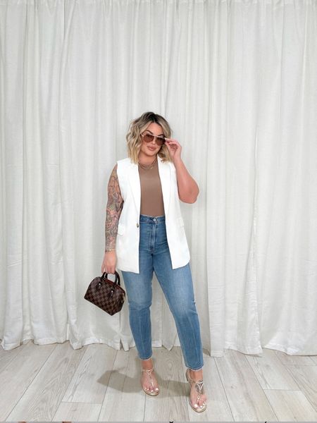 Jeans 32r 
Bodysuit L 
Vest is sold out but linked similar 
Use code shayna10 on Miranda Frye to save $ 
#blazer #vest #jeans #midsize #midsizestyle #abercrombie #amazon #amazonfashion 

#LTKmidsize #LTKbeauty #LTKstyletip