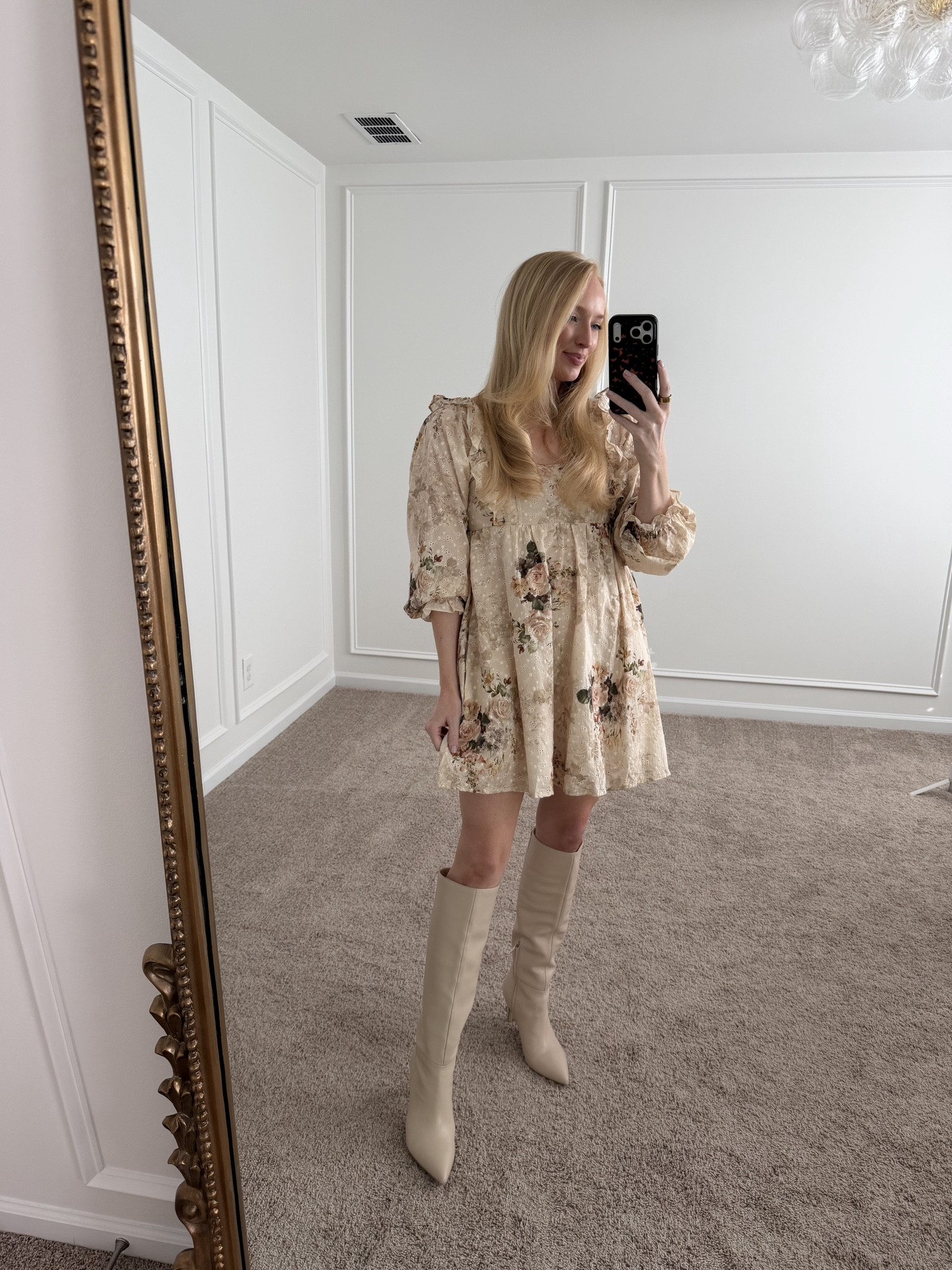 Girly winter to spring outfit // baby doll dress // floral dress