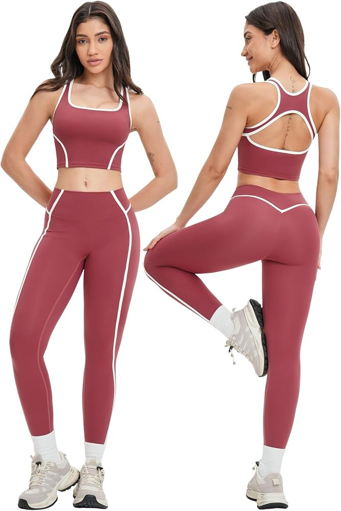 Two Piece Womens Workout Set Backless Color Block Tank Tops Matching High Waist Leggings Gym Work... | Amazon (US)