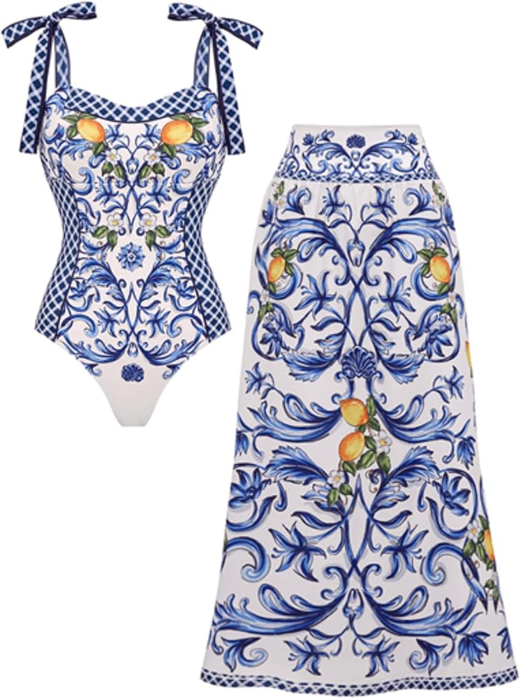 FLAXMAKER Women's One Piece Bowknot Tie Shoulder Adjustable Swimsuit Lemon Printed Swimsuit Skirt... | Amazon (US)