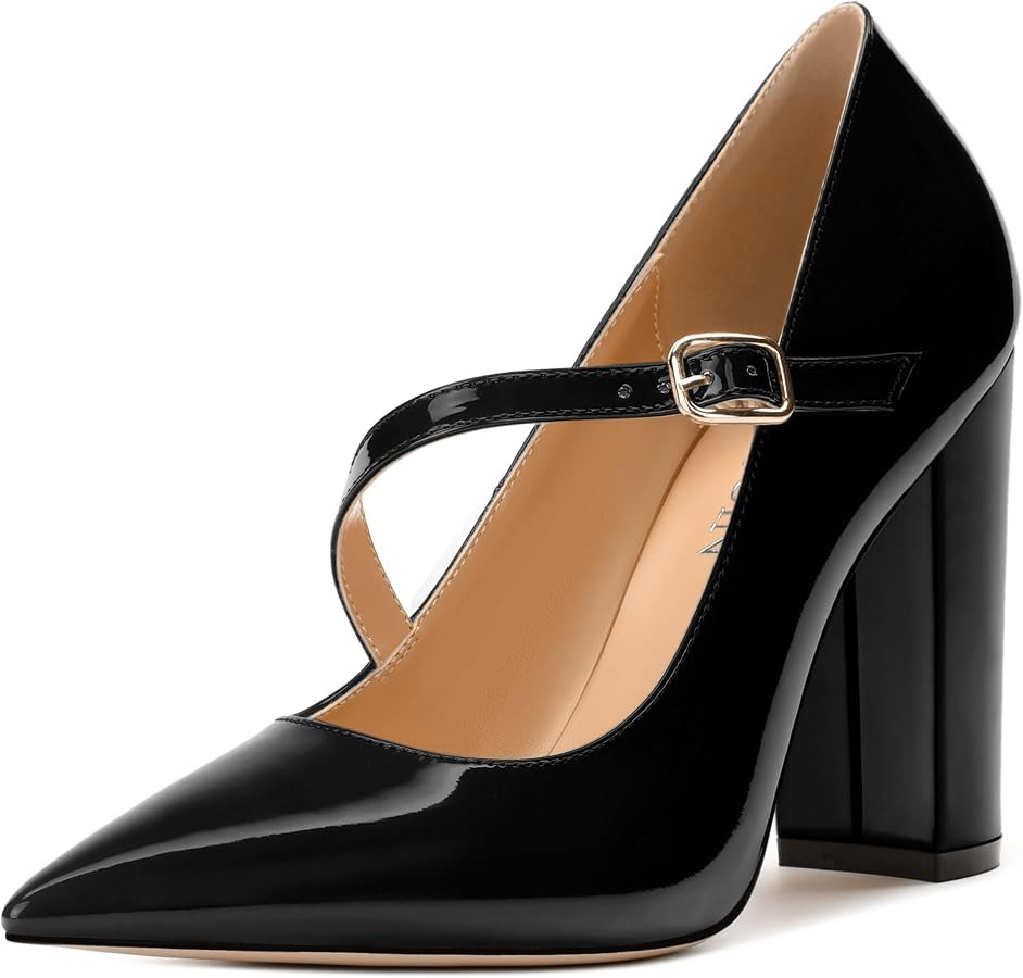 Women's Pumps - Mary Jane Shoes Women, Chunky Heel Pointed Closed Toe High Heels Shoes for Women | Amazon (US)