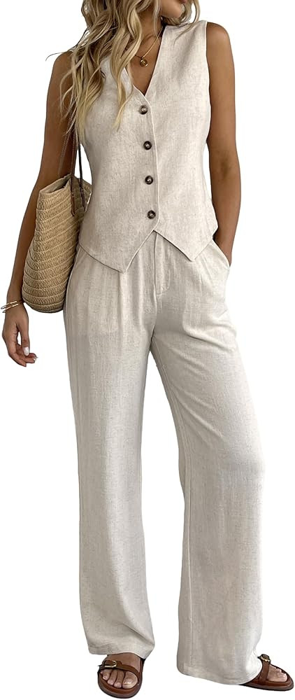 Women's 2 Piece Outfits Linen Vest Waistcoat Dressy Casual Sets Wide Leg Pants Suits | Amazon (US)
