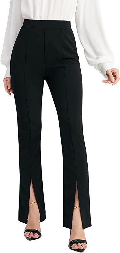 WDIRARA Women's Split Front Elastic High Waist Elegant Flare Leg Long Pants | Amazon (US)