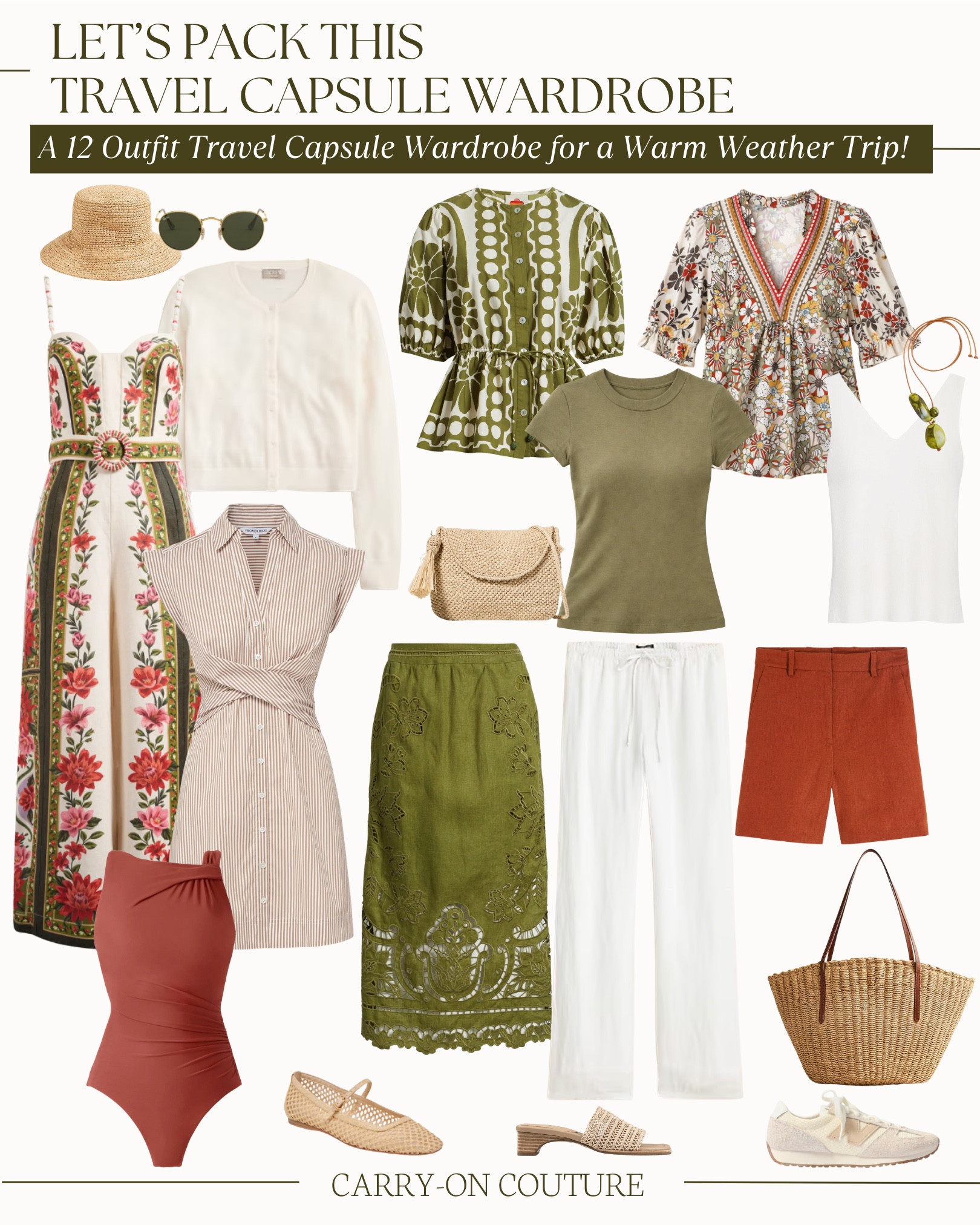 What to Pack for a Warm-Weather Winter Getaway

I’ve had a lot of requests lately for warm-weather destinations this winter, so I put together this 12+ outfit travel capsule wardrobe with exactly that in mind. It’s designed for trips where the days are warm, the pace is relaxed, and you want outfits that feel comfortable, put-together, and easy to rewear without overpacking.

Think daytime highs in the mid-70s°F to low-80s°F, with evenings cooling slightly into the mid-60s°F to low-70s°F. I focused on breathable fabrics, mix-and-match tops and bottoms, comfortable walking shoes, and a few elevated pieces that transition easily from day to night. Lightweight layers, versatile shoes, and accessories do the heavy lifting here—so you can pack light without feeling limited.

This capsule works beautifully for Palm Springs, Scottsdale, Miami, Key West, Puerto Rico, Cabo, St. Lucia, Hawaii, or the Caribbean, as well as warm-weather international destinations like Mexico City, Cartagena, or the Greek Islands in winter. Anywhere with sunshine, great food, and a relaxed but put-together vibe.  Here’s your packing list for a warm-weather winter escape:
➡️ 4 Tops: a lightweight blouse, a printed statement top, a fitted tee, and a breathable tank
➡️ 3 Bottoms: a linen pant, an easy skirt, and tailored shorts
➡️ 1 Dress: a versatile piece that works day or night
➡️ 1 Pantsuit
➡️ 1 Layer: a lightweight cardigan for evenings or travel days
➡️ 3 Shoes: a comfortable sneaker, an elevated sandal, and a dressier flat 
➡️ Accessories: straw tote, crossbody bag, scarf, hat, and simple jewelry
➡️ 1 Swimsuit

Every piece mixes and matches into 12+ outfits — and the best part? It all fits in your carry-on suitcase.

⭐️ My travel capsules are created using research, personal travel experience, and my own style preferences. I do my best to account for weather and real-life travel needs, but every trip is different. Use these as a fun starting point, not rigid rules. Take what works, leave what doesn’t, and make it your own