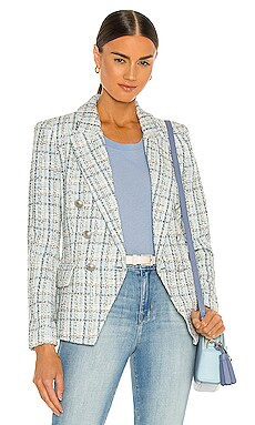 L'AGENCE Kenzie Double Breasted Blazer in Light Blue Tweed from Revolve.com | Revolve Clothing (Global)