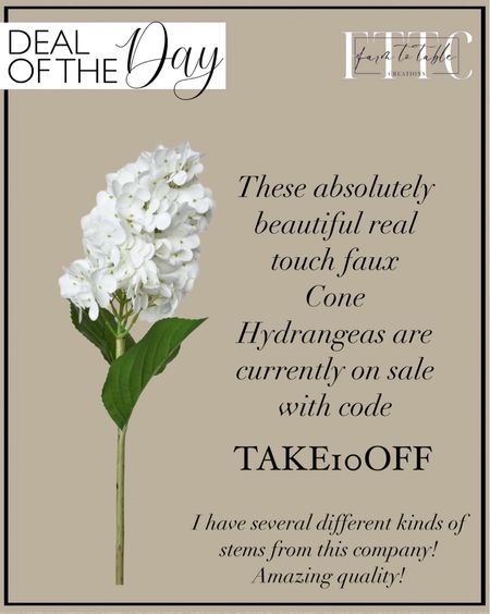 Deal of the Day. Follow @farmtotablecreations on Instagram for more inspiration.

Get 10% off on faux flowers with code TAKE10OFF. Absolutely love this company’s faux flowers and stems! I have many and so impressed. Just ordered some of these real touch cone hydrangeas  

#LTKFindsUnder50 #LTKHome #LTKSaleAlert