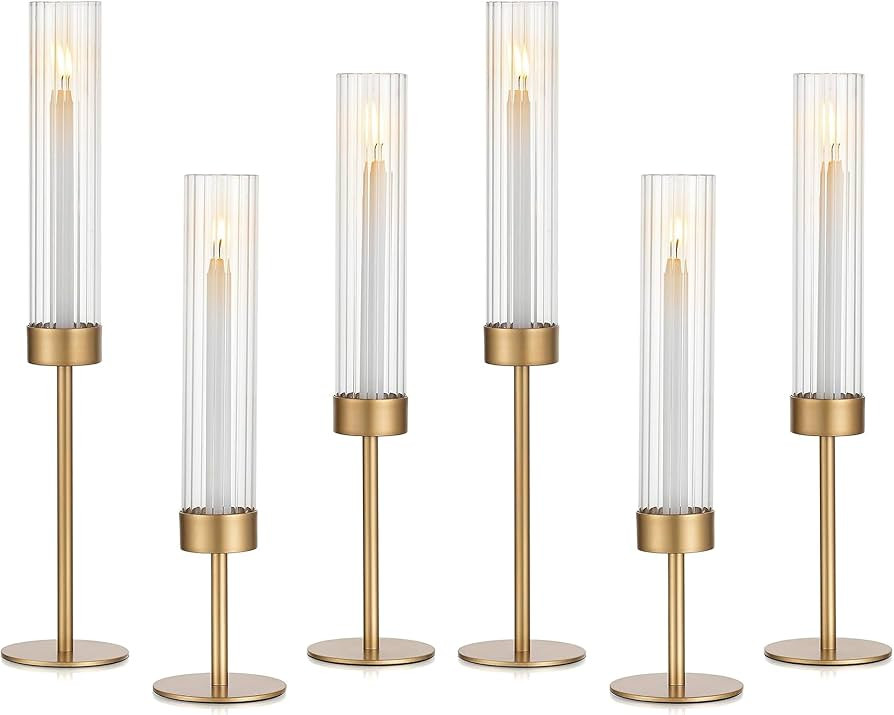 Glasseam Tapered Gold Candlestick Holders: 6 Pcs Tall Brass Taper Candle Holder with Ribbed Glass... | Amazon (US)