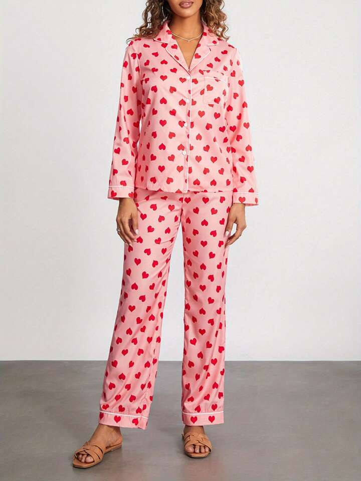 NewWomen 2 Piece Valentine's Day Pajamas Set Button Down Long Sleeve Pjs Set Soft Lounge Set With... | SHEIN