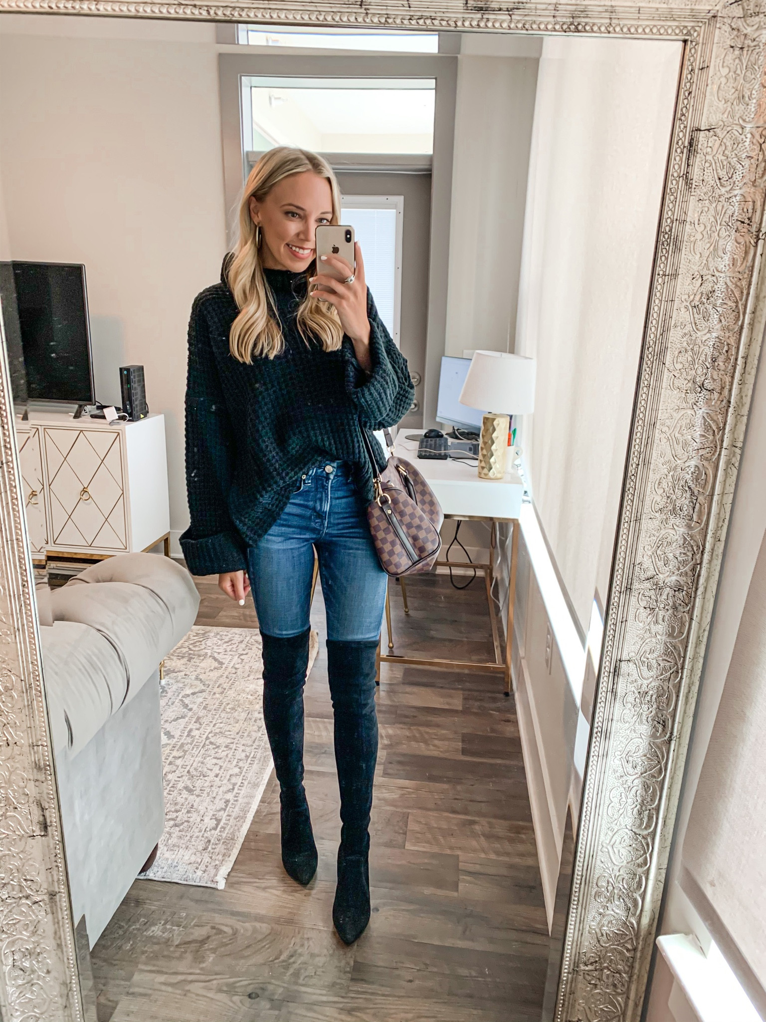 Good American jeans, skinny jeans, OTK boots, over the knee boots, black boots, crossbody bag, designer inspired bag, knit sweater, turtleneck sweater 

#LTKSeasonal #LTKunder100 #LTKshoecrush