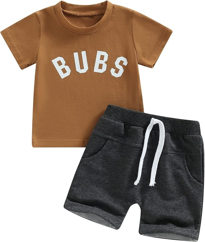VISGOGO Baby Boys Clothes Sets Short Sleeve Letter Printed T-Shirt Tops + Solid Color Short Pants | Amazon (US)