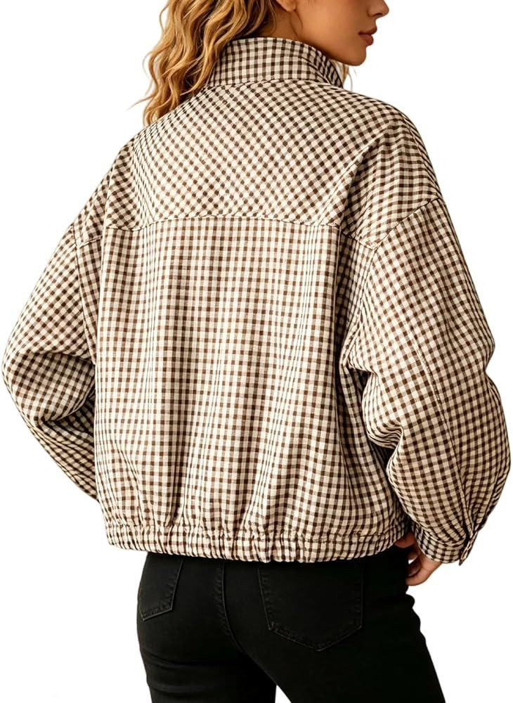 Checked Jacket Women Funnel Neck Cropped Bomber Jacket with Pockets | Amazon (UK)