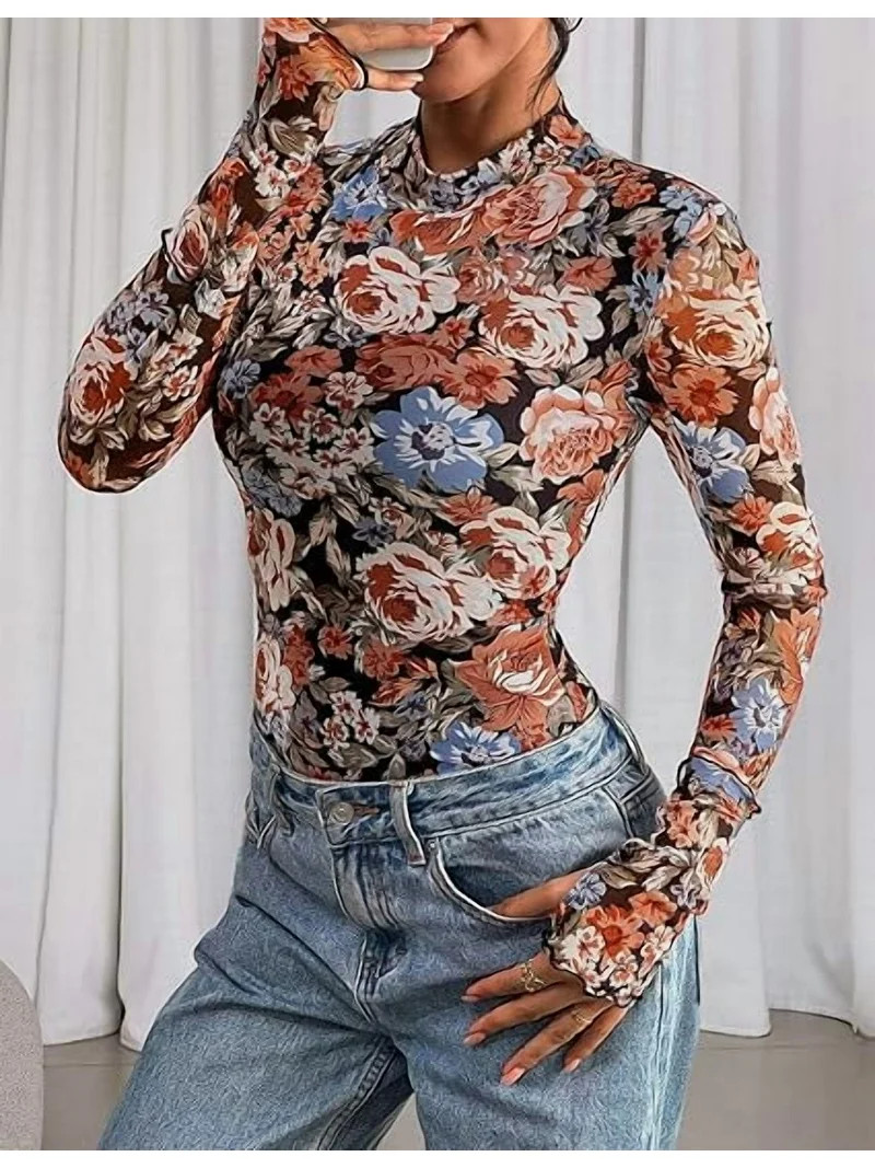 PRETTYGARDEN Womens Long Sleeve Going Out Tops Fall Mesh Floral Blouses Slim Fitted Shirts Date N... | Walmart (US)