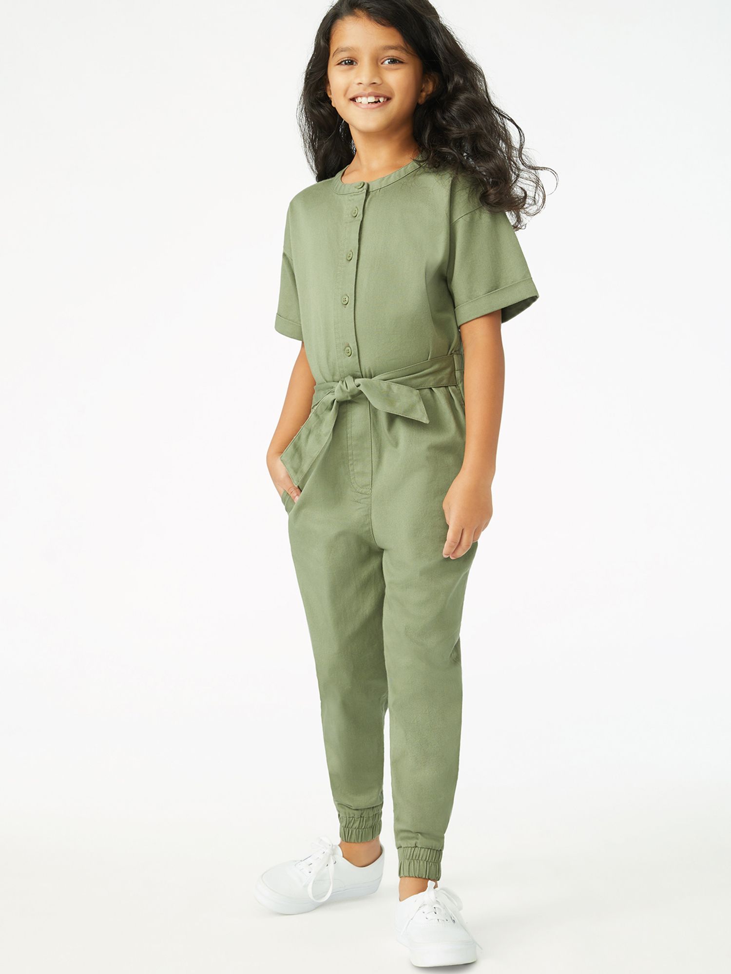 Free Assembly Girls Short Sleeve Belted Jumpsuit, Sizes 4-18 - Walmart.com | Walmart (US)