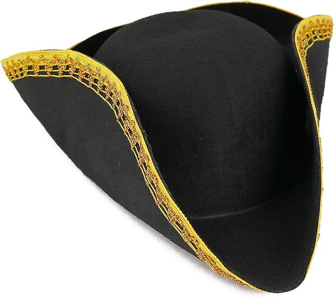 Skeleteen Colonial Black Tricorn Hat - Revolutionary War Costume Tricorner Deluxe Hat with Gold T... | Amazon (US)